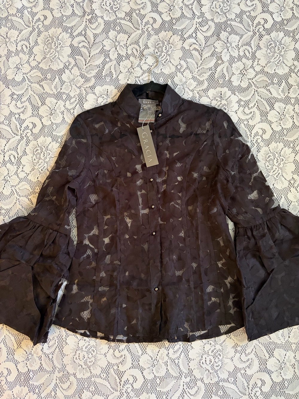 Gracia Black Sheer Burnout Blouse with Tiered Dramatic Bell Poet Sleeves - Picture 2 of 8